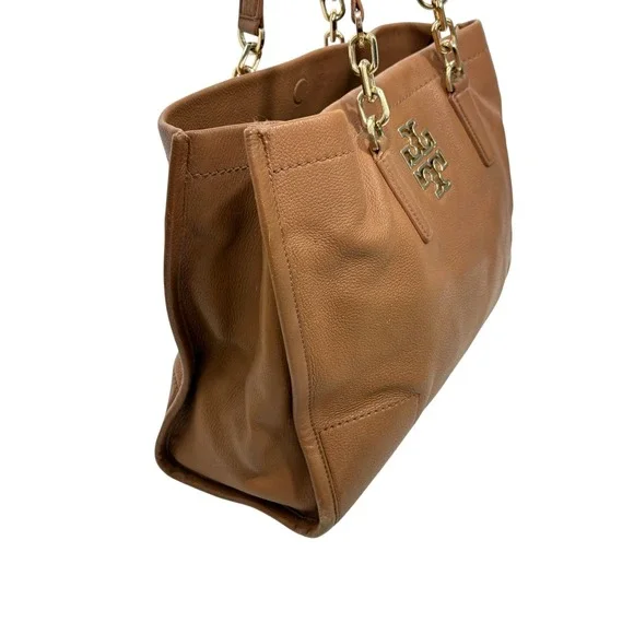 Tory Burch Amanda Classic Pebbled Leather Tote Bag Tan Brown Gold Logo - Picture 10 of 11